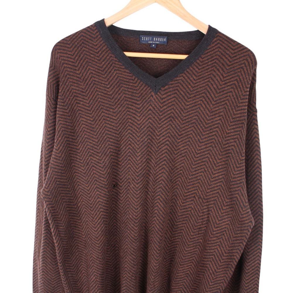 Scott Barber Merino Wool‎ V-Neck Sweater Brown Black Chevron Men's Medium - Picture 2 of 7